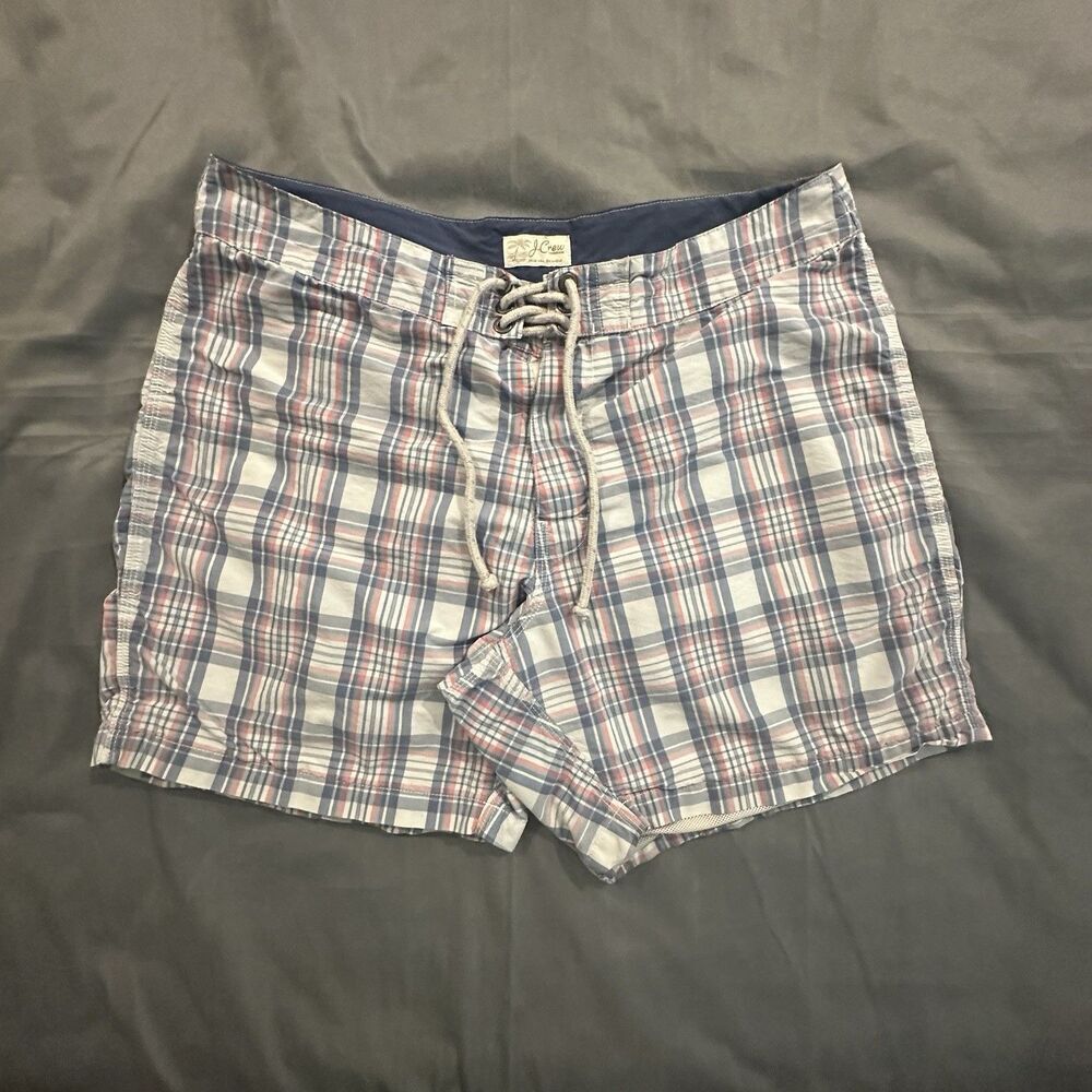 J Crew Swim Shorts Mens 35 Plaid Boardshorts Drawstring Lined Summer Beach Pool